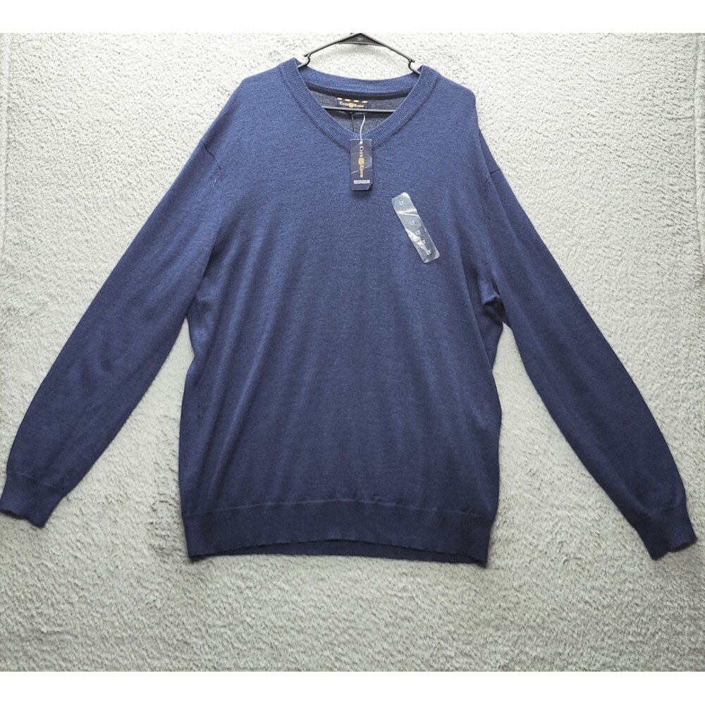 NWT Club Room Mens Navy Merino Wool Blend V-Neck Sweater Shirt Size LT Blue